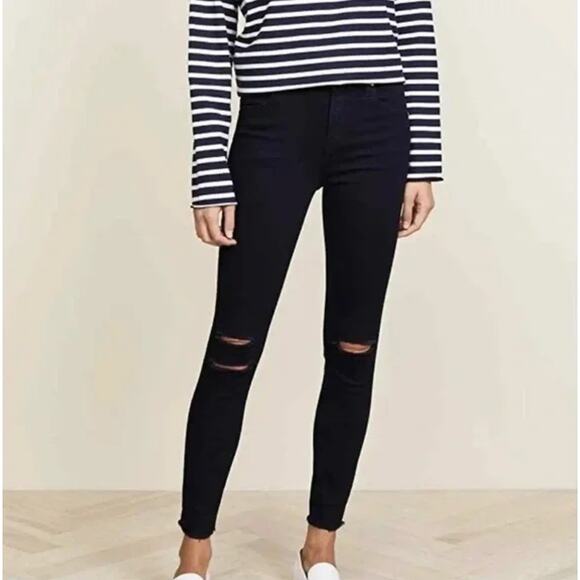 J Brand Alana Dark Blue Mercy Distressed Knee Raw Hem Skinny Jeans 24 - Picture 1 of 16